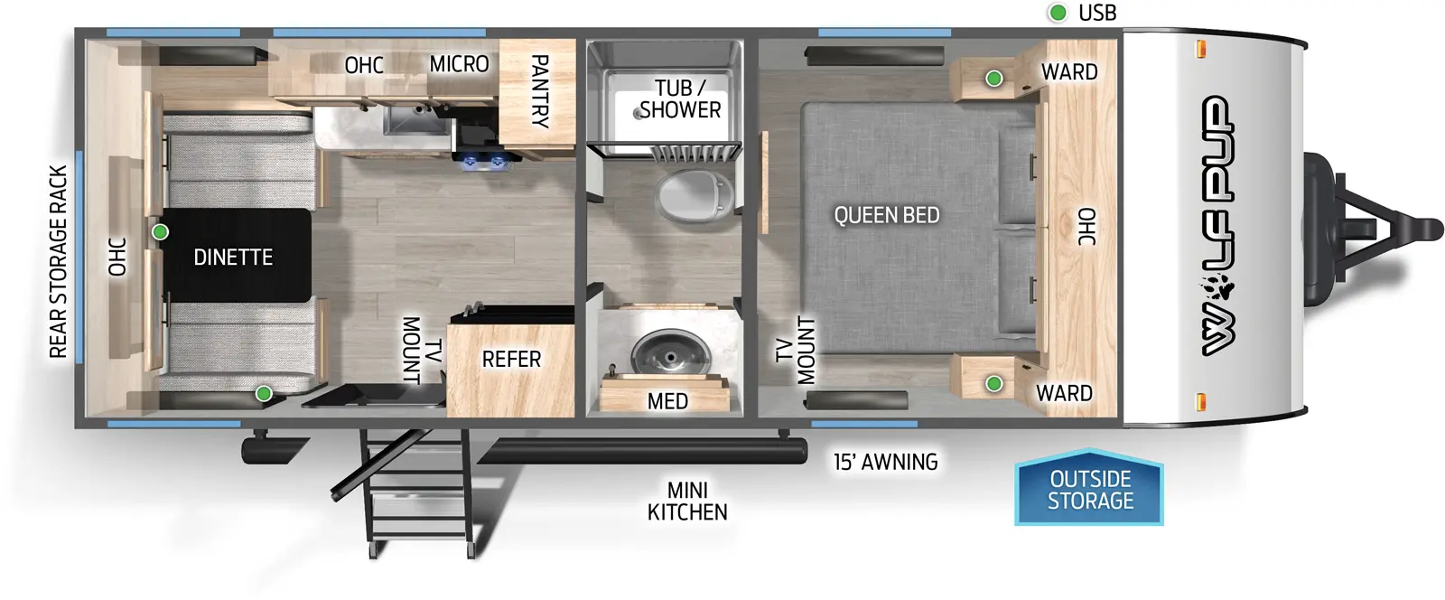 The Cherokee Black Label 16CMBL floorplan has one entry and zero slide outs. Exterior features include: fiberglass exterior, 15' awning and outside kitchen. Interiors features include: front bedroom and pass through bathroom.